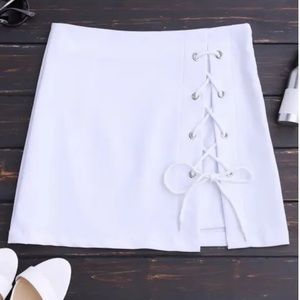 High Waisted Lace Up Bodycon Skirt - White